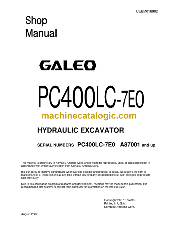 Komatsu PC400LC-7E0 Galeo Hydraulic Excavator Shop Manual (CEBM016902)