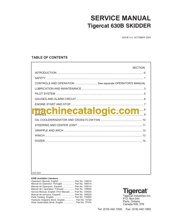 Tigercat 630B Skidder Service Manual (6301001 - 6301999) (13062A)