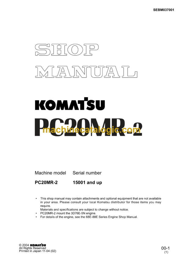 Komatsu PC20MR-2 Hydraulic Excavator Shop Manual (SEBM037001)