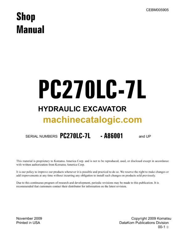 Komatsu PC270LC-7L Hydraulic Excavator Shop Manual (CEBM005905)