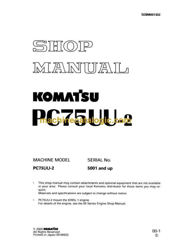 Komatsu PC75UU-2 Hydraulic Excavator Shop Manual (SEBM001302)