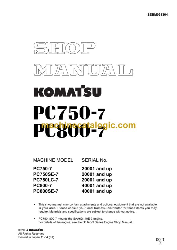 Komatsu PC750-7 PC800-7 Hydraulic Excavator Shop Manual (SEBM031304)