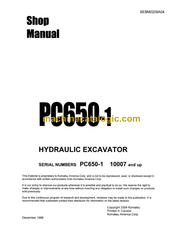 Komatsu PC650-1 Hydraulic Excavator Shop Manual (SEBM0209A04)