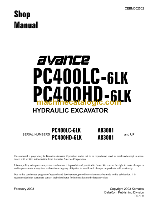 Komatsu PC400LC-6LK PC400HD-6LK Avance Hydraulic Excavator Shop Manual (CEBM002502)