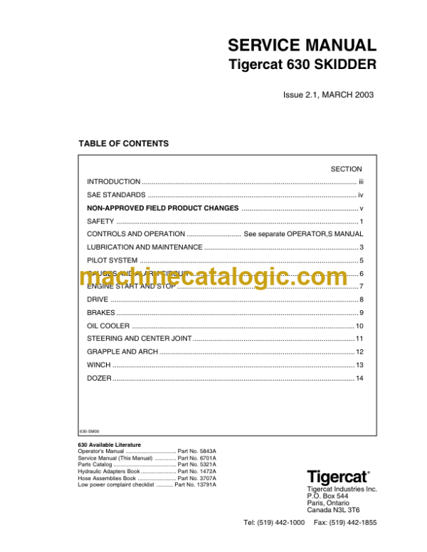 Tigercat 630 Skidder Service Manual (6300101 - 6300999) (6701A)