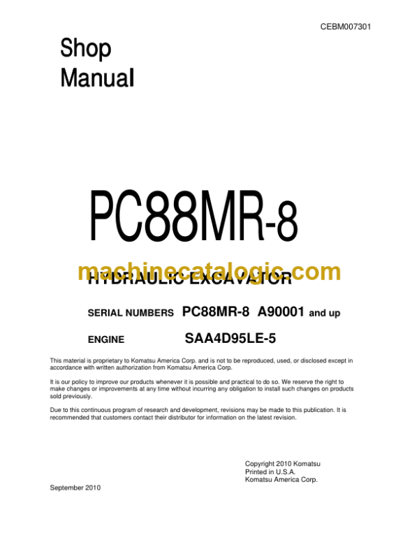 Komatsu PC88MR-8 Hydraulic Excavator Shop Manual (CEBM007301)