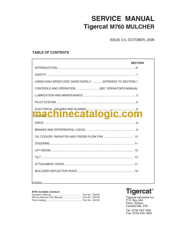 Tigercat M760 Mulcher Service Manual (760M0101 - 760M0500) (14674A)