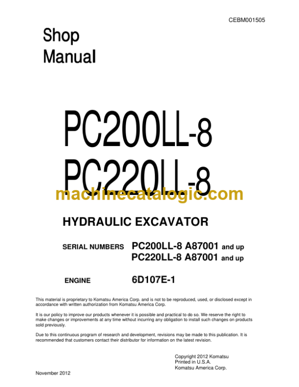 Komatsu PC200LL-8 PC220LL-8 Hydraulic Excavator Shop Manual (CEBM001505)