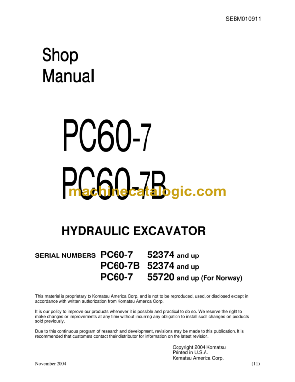 Komatsu PC60-7 PC60-7B Hydraulic Excavator Shop Manual (SEBM010911)