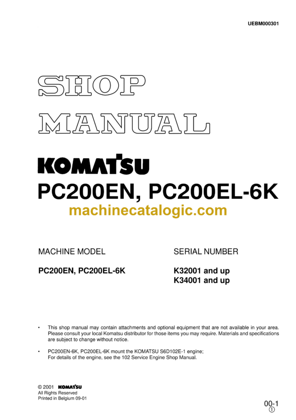 Komatsu PC200EN, PC200EL-6K Hydraulic Excavator Shop Manual (UEBM000301)!