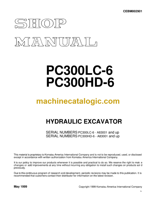 Komatsu PC300LC-6 PC300HD-6 Hydraulic Excavator Shop Manual (CEBM002901)