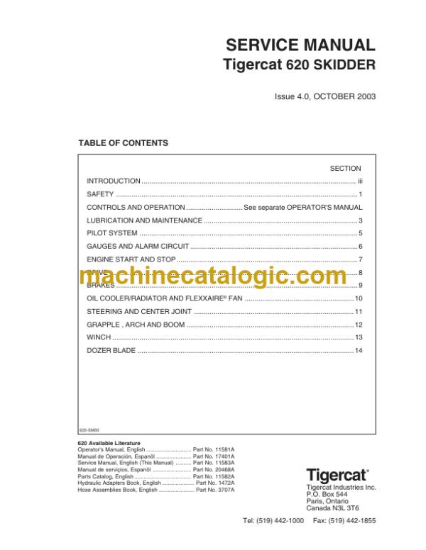 Tigercat 620 Skidder Service Manual (6200111 - 6200499) (11583A)