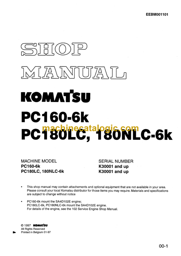 Komatsu PC160-6K PC180LC PC180NLC-6K Hydraulic Excavator Shop Manual (EEBM001101)