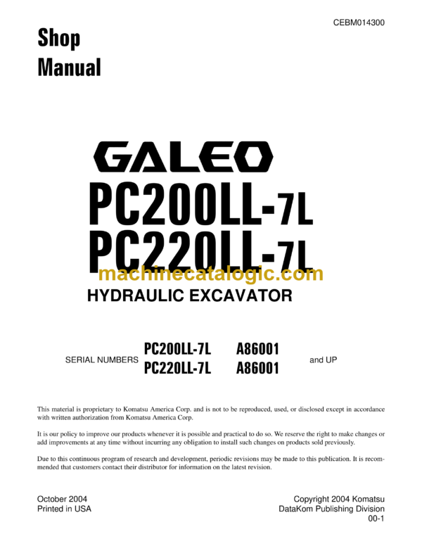 Komatsu PC200LL-7L PC220LL-7L Galeo Hydraulic Excavator Shop Manual (CEBM014300)