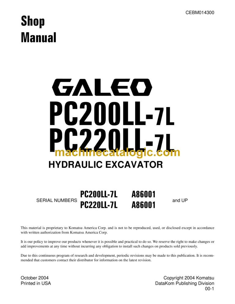 Komatsu PC200LL-7L PC220LL-7L Galeo Hydraulic Excavator Shop Manual (CEBM014300)