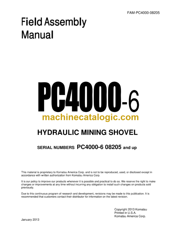 Komatsu PC4000-6 Hydraulic Excavator Field Assembly Manual (FAM-PC4000-08205)