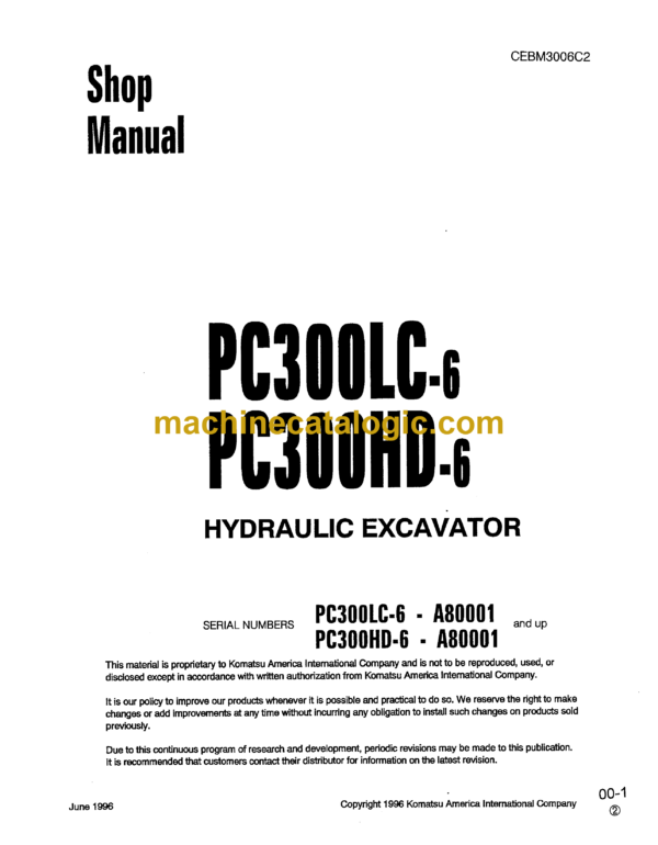 Komatsu PC300LC-6 PC300HD-6 Hydraulic Excavator Shop Manual (CEBM3006C2)