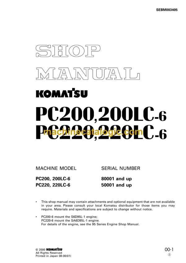 Komatsu PC200 PC200LC-6 PC220 PC220LC-6 Hydraulic Excavator Shop Manual (SEBM003405)