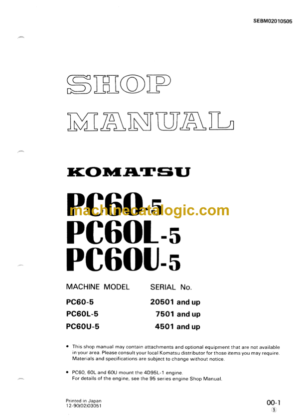 Komatsu PC60-5 PC60L-5 PC60U-5 Hydraulic Excavator Shop Manual (SEBM02010505)