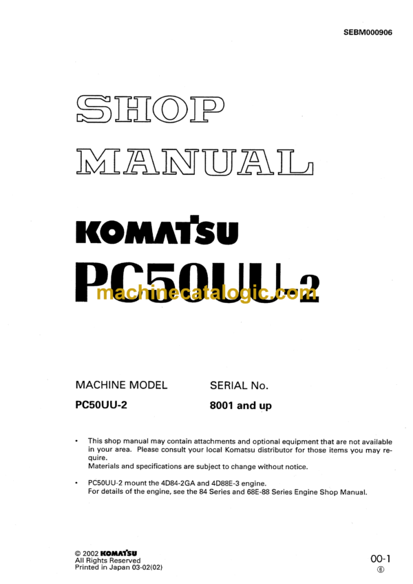 Komatsu PC50UU-2 Hydraulic Excavator Shop Manual (SEBM000906)