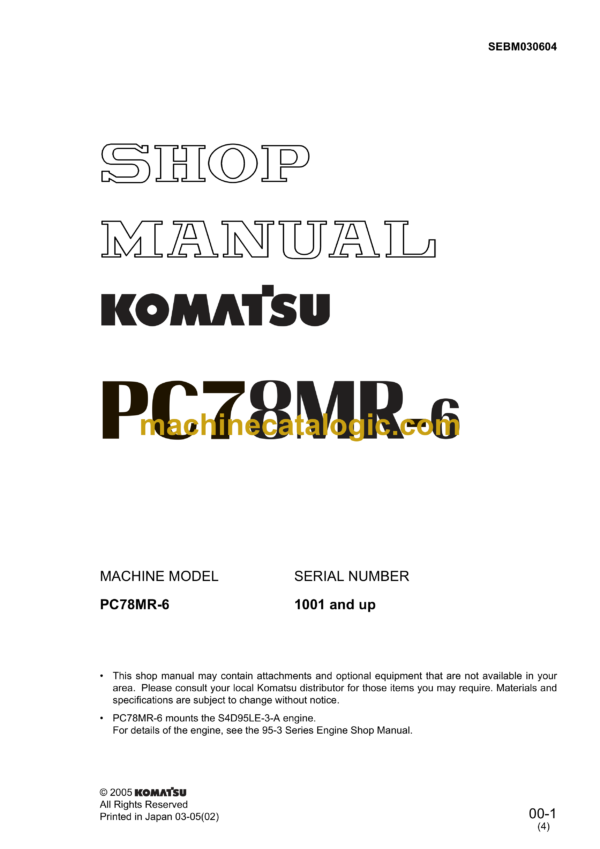 Komatsu PC78MR-6 Hydraulic Excavator Shop Manual (SEBM030604)