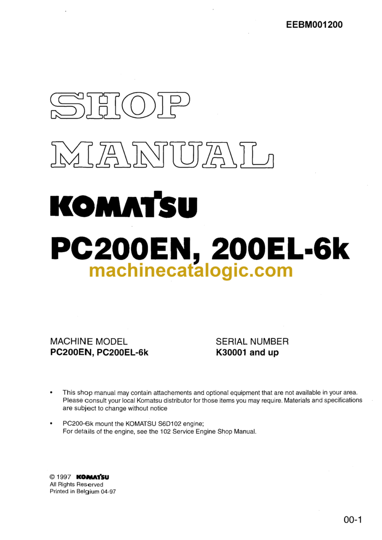 Komatsu PC200EN PC200EL-6K Hydraulic Excavator Shop Manual (EEBM001200)