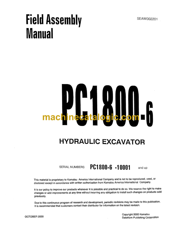 Komatsu PC1800-6 Hydraulic Excavator Field Assembly Manual (SEAW002201)