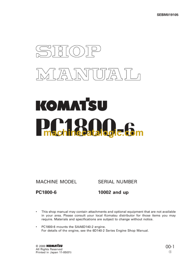 Komatsu PC1800-6 Hydraulic Excavator Shop Manual (SEBM019105)