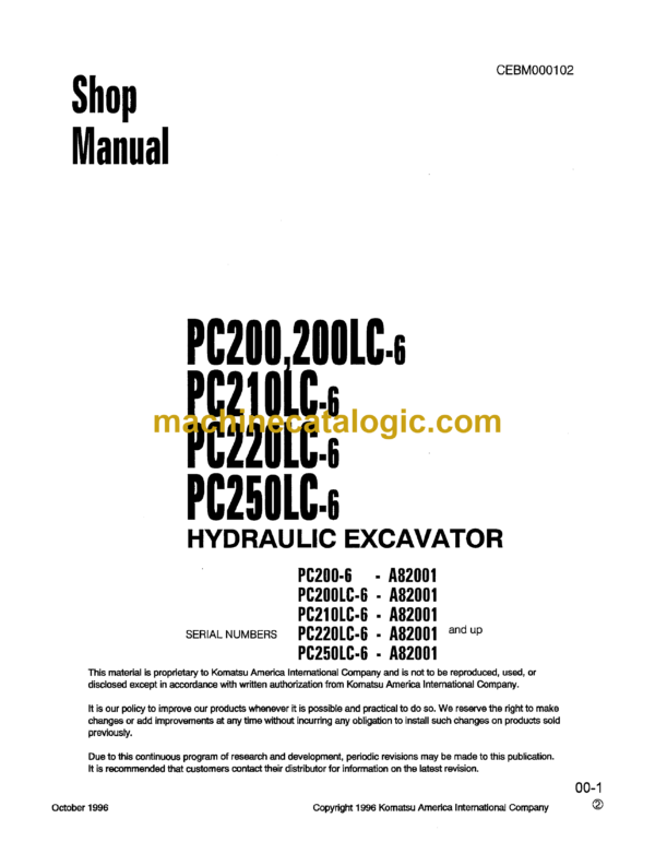 Komatsu PC200 PC200LC-6 PC210LC-6 PC220LC-6 PC250LC-6 Hydraulic Excavator Shop Manual (CEBM000102)