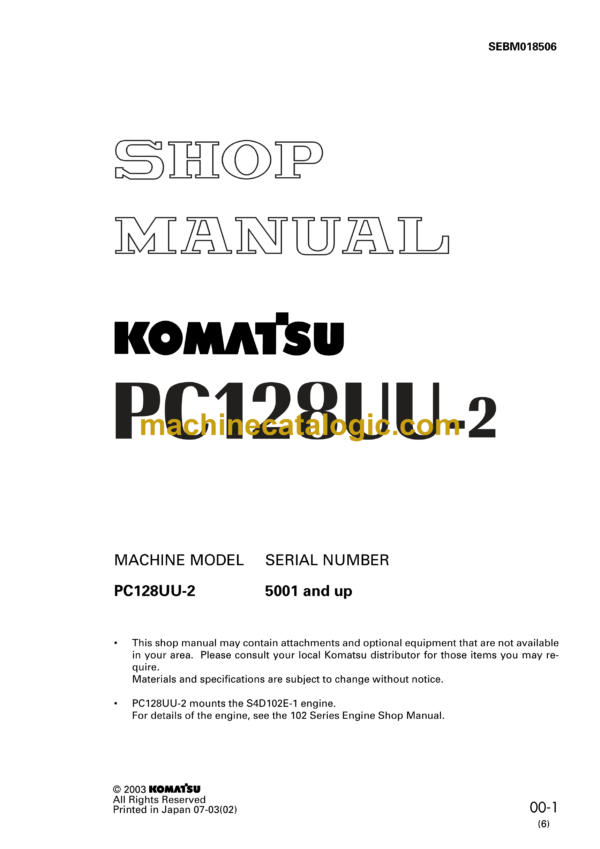 Komatsu PC128UU-2 Hydraulic Excavator Shop Manual (SEBM018506)