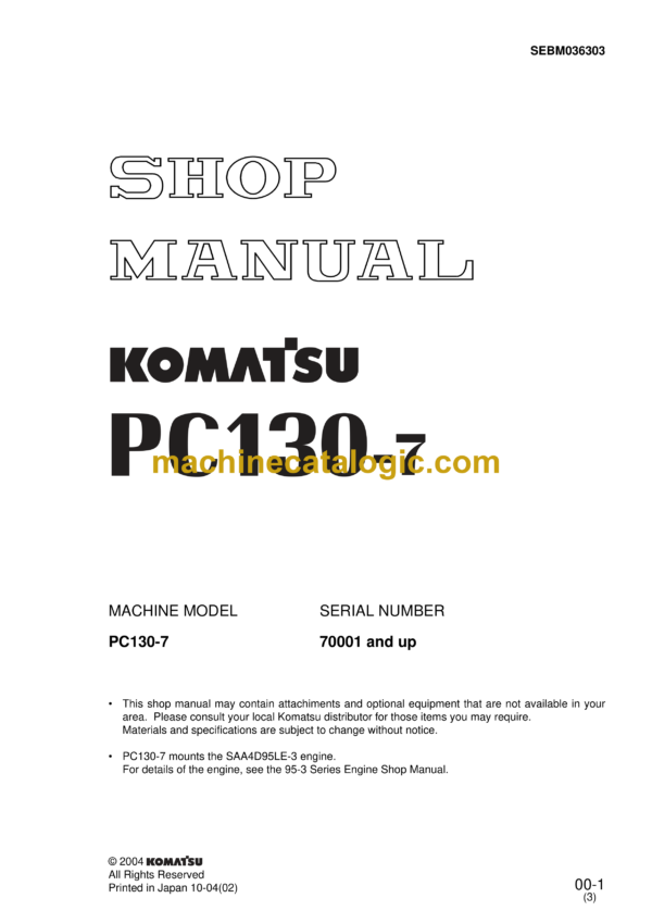 Komatsu PC130-7 Hydraulic Excavator Shop Manual (SEBM036303)