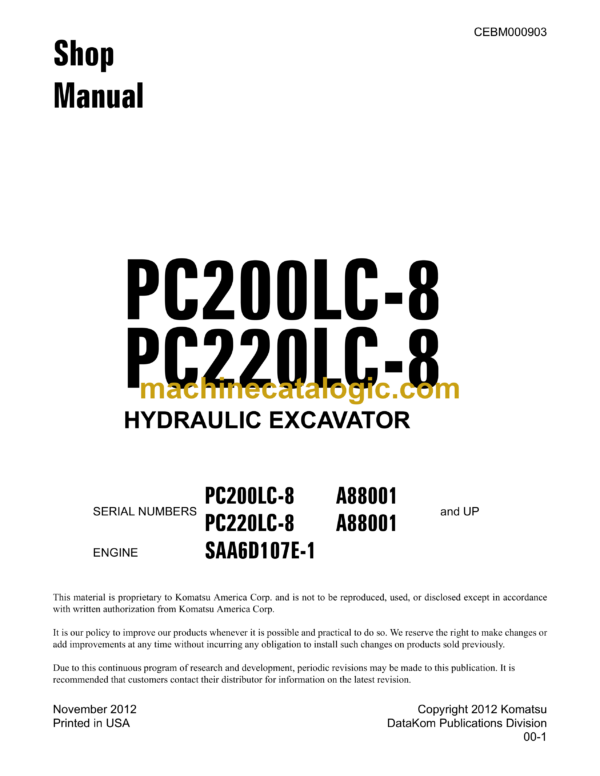 Komatsu PC200LC-8 PC220LC-8 Hydraulic Excavator Shop Manual (CEBM000903)