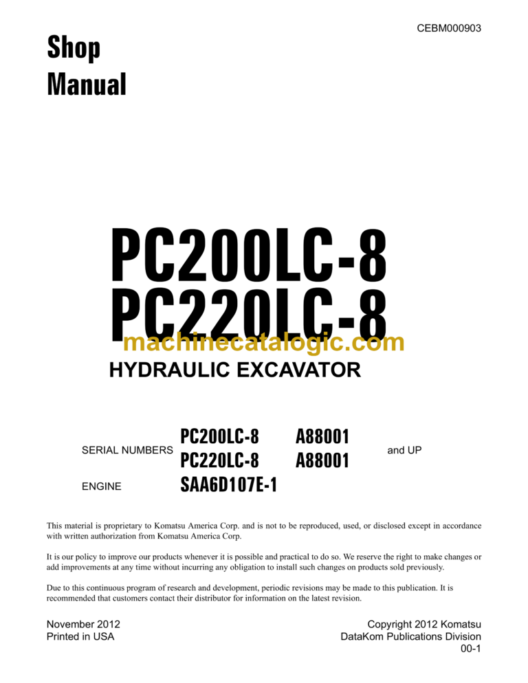 Komatsu PC200LC-8 PC220LC-8 Hydraulic Excavator Shop Manual (CEBM000903)