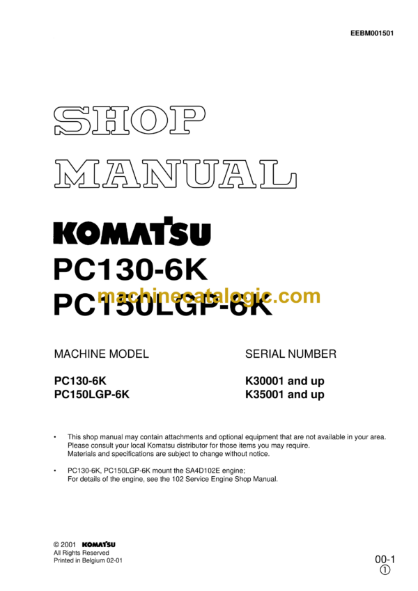 Komatsu PC130-6K PC150LGP-6K Hydraulic Excavator Shop Manual (EEBM001501)