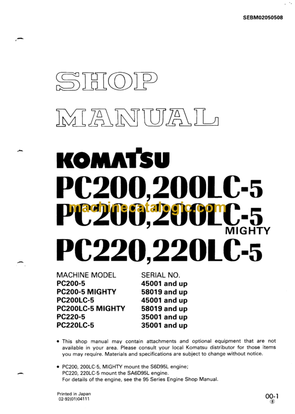 Komatsu PC200 PC200LC-5 MIGHTY PC220 PC220LC-5 Hydraulic Excavator Shop Manual (SEBM02050508)