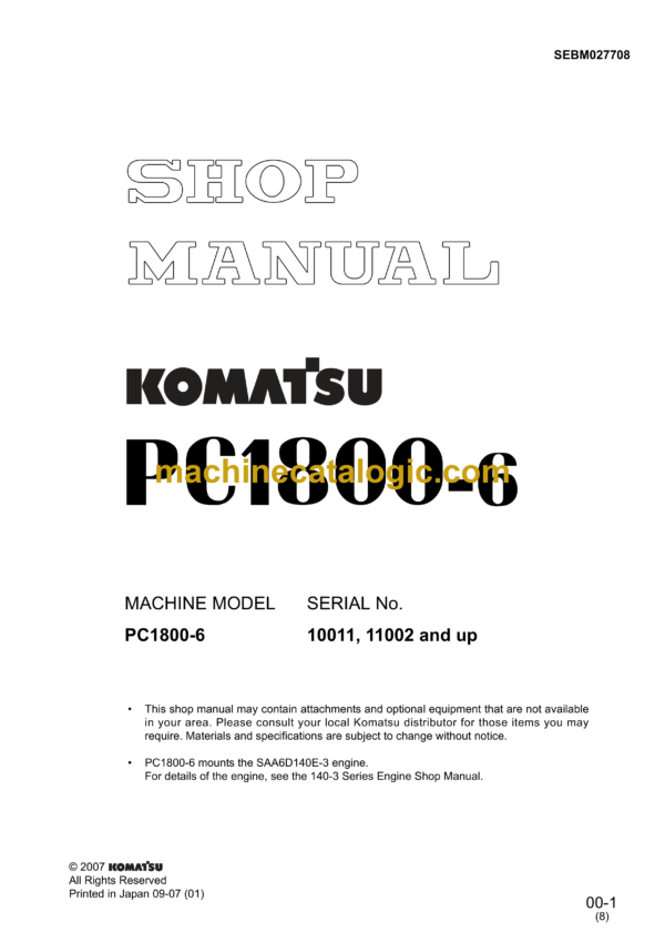 Komatsu PC1800-6 Hydraulic Excavator Shop Manual (SEBM027708)