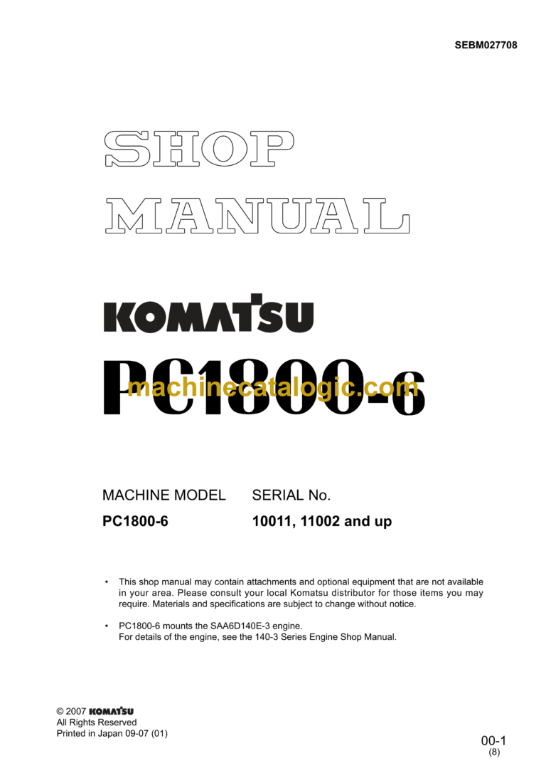 Komatsu PC1800-6 Hydraulic Excavator Shop Manual (SEBM027708)