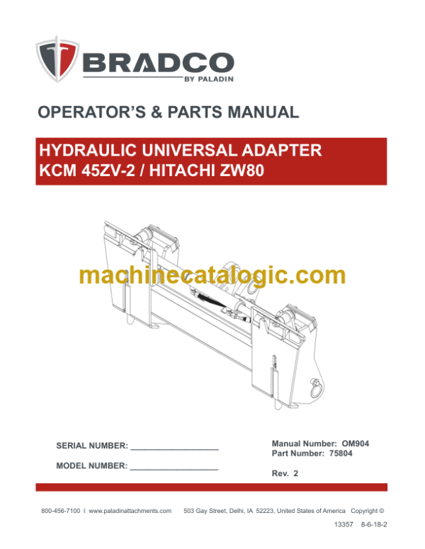 Bradco by Paladin 45ZV-2 ZW80 Paladin Hydraulic Universal Coupler Operator's & Parts Manual