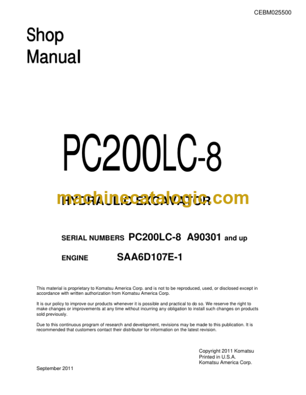 Komatsu PC200LC-8 Hydraulic Excavator Shop Manual (CEBM025500)