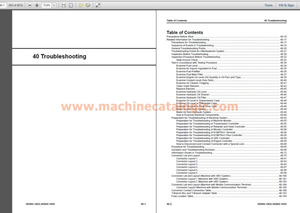 HD465-10E0, HD605-10E0 DUMP TRUCK Shop Manual Index