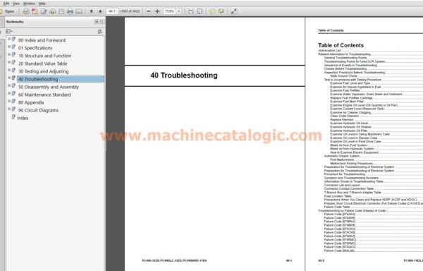 Komatsu PC490-11E0, PC490LC-11E0, PC490HRD-11E0 Hydraulic Excavator Shop Manual Index