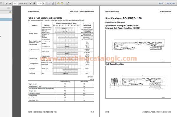 Komatsu PC490-11E0, PC490LC-11E0, PC490HRD-11E0 Hydraulic Excavator Shop Manual Index