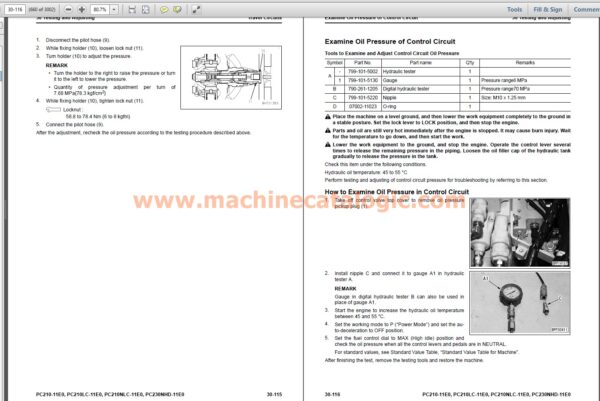 Komatsu PC210 -11E0, PC210LC -11E0, PC210NLC-11E0, PC230NHD-11E0 Hydraulic Excavator Shop Manual Index