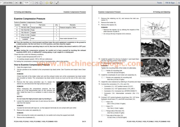 Komatsu PC210-11E0, PC210LC-11E0, PC210NLC-11E0, PC230NHD-11E0 Hydraulic Excavator Shop Manual Index