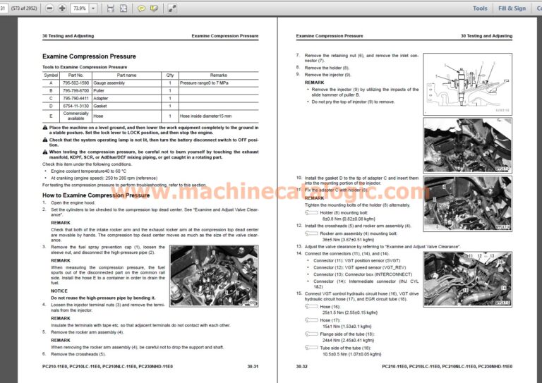 Komatsu PC210-11E0, PC210LC-11E0, PC210NLC-11E0, PC230NHD-11E0 Hydraulic Excavator Shop Manual Index