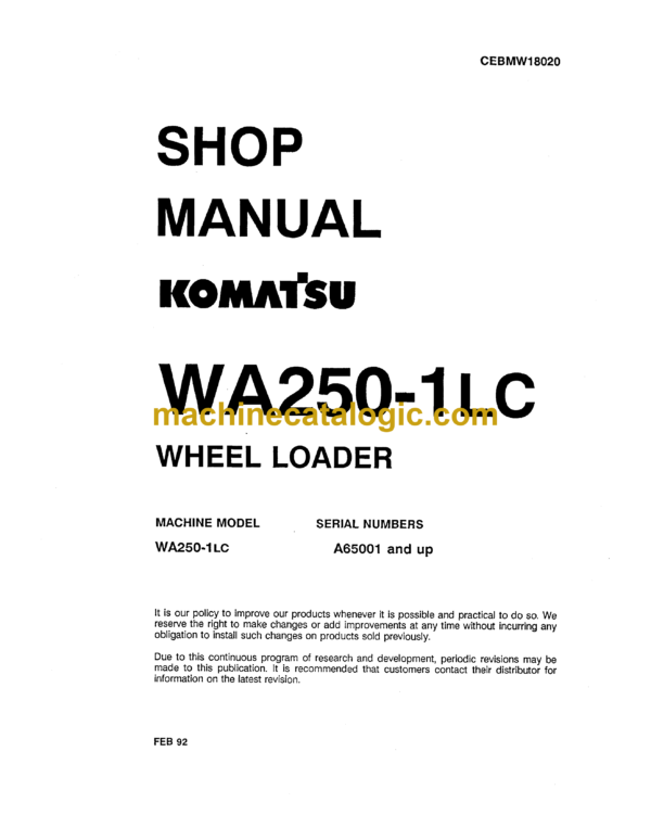 Komatsu WA250-1LC Wheel Loader Shop Manual (CEBMW18020)