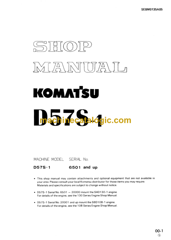 Komatsu D57S-1 Bulldozer Shop Manual (SEBM0135A05)