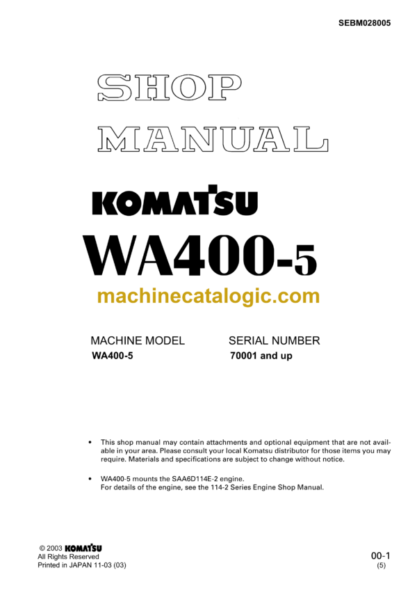 Komatsu WA400-5 Wheel Loader Shop Manual (SEBM028005)