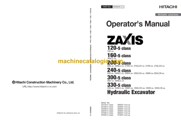 Hitachi ZX120-5 class,ZX160-5 class,ZX200-5 class,ZX240-5 class,ZX300-5 class,ZX330-5 class Hydraulic Excavator Operator's Manual (ENMDAK-2-2, ENMDAK-2-5, ENMDAK-2-6)