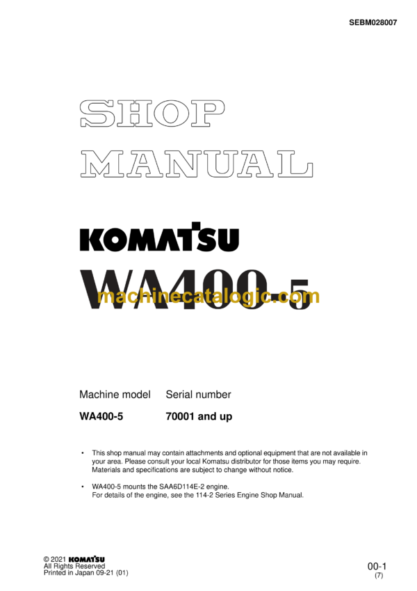 Komatsu WA400-5 Wheel Loader Shop Manual (SEBM028007)